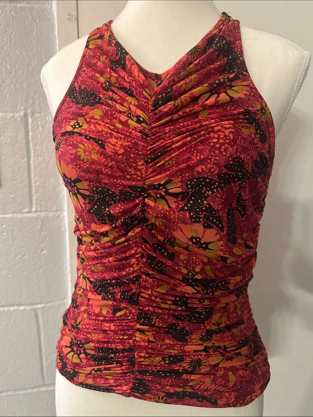 Ruched Red Floral Halter Tank Top